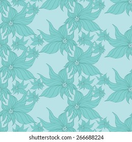 Vector creative hand-drawn abstract seamless pattern of stylized flowers in pale green and turquoise colors