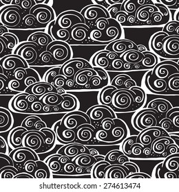 Vector creative hand-drawn abstract seamless pattern of stylized clouds in black and white colors