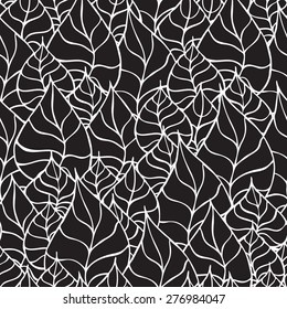 Vector creative hand-drawn abstract seamless pattern of stylized leaves in black and white colors