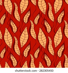 Vector creative hand-drawn abstract seamless pattern of leaves in dark red, peach and scarlet colors