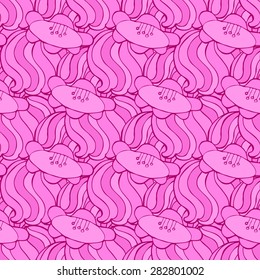 Vector creative hand-drawn abstract seamless pattern of stylized flowers in pink, crimson and magenta colors 