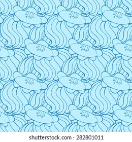 Vector creative hand-drawn abstract seamless pattern of stylized flowers in pale cyan and blue colors