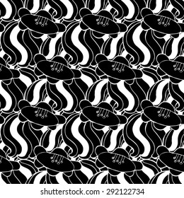Vector creative hand-drawn abstract seamless pattern of stylized flowers in black and white colors 