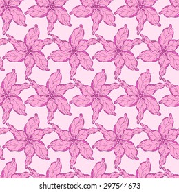 Vector creative hand-drawn abstract seamless pattern of stylized flowers in purple, pale rose and magenta colors