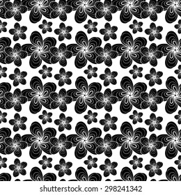 Vector creative hand-drawn abstract seamless pattern of stylized flowers in black and white colors 