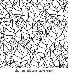 Vector creative hand-drawn abstract seamless pattern of stylized leaves in black and white colors