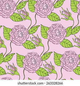Vector creative hand-drawn seamless pattern of pink flowers and buds