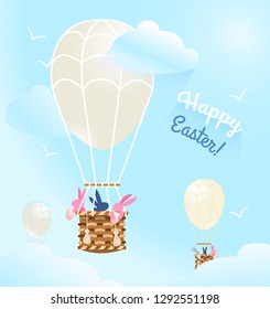 Vector Creative Happy Easter postcard.  Easter bunnies travelling in a hot air balloon collecting eggs. Egg Hunt.