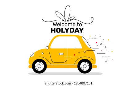 Vector creative holiday illustration of vintage yellow color car with bow and text on roof. Flat style design on white background for web, site, banner, card