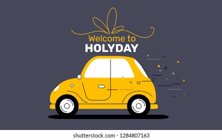 Vector creative holiday illustration of yellow color side view car with bow and text on dark background. Flat style design for web, site, banner, card