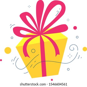 Vector creative holiday illustration of yellow color gift box with red bow on white background. Flat style birthday design with present for web, site, banner, greeting card, email