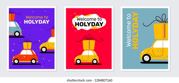 Vector creative holiday set of illustration of vintage bright car with gift box on roof and text on color background. Flat style design for web, site, banner, card, poster