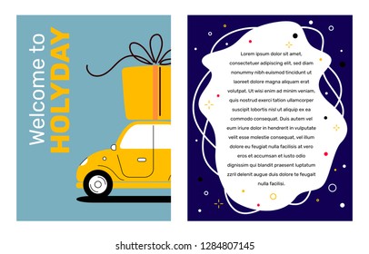 Vector creative holiday template with illustration of vintage yellow color car with big gift box on roof and text. Flat style design for web, site, banner, card