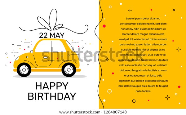 Vector creative holiday\
template with illustration of yellow color side view car with bow\
and text on white background. Flat style design for web, site,\
banner, card