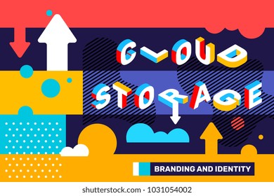 Vector creative horizontal illustration of 3d word lettering typography. Cloud storage concept on bright color background with arrow and cloud. Isometric template design for business banner