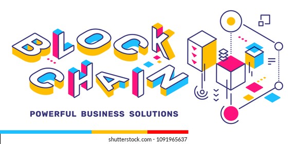 Vector creative horizontal illustration of 3d word lettering typography with business title. Block chain colorful concept on white  background. Isometric template design for banner