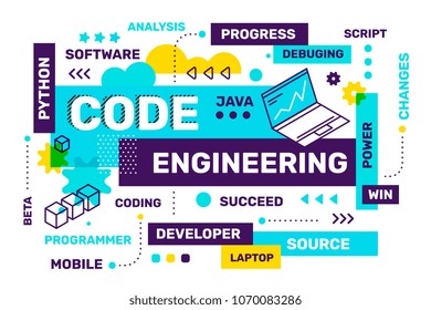 Vector creative horizontal illustration of word lettering typography with business title. Code engineering concept on white color background with laptop, tag cloud. Flat style design for banner