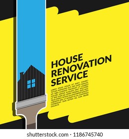 vector of creative house renovation service blue logo design template with paint brush isolated on yellow with black color background with space for your company text