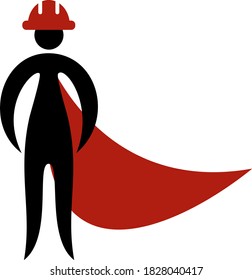 Vector creative icon of the superhero in construction helmet and cloak. Simple flat symbol. The concept of a builder, engineer, inventor, etc.