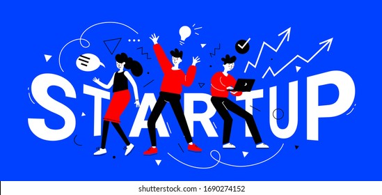 Vector creative idea business illustration of team of young happy people with word startup on color background. Communication of group of man and woman. Flat cartoon style design of teamwork people