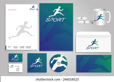 vector creative idea for a company or a fitness room sports club, corporate design template design business cards, letters, posters, mugs envelope and memory card
