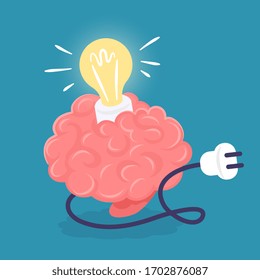 Vector creative idea illustration of pink smart human thinking brain with glowing light bulb and cord with electric plug on blue background. Flat style education concept design of brain for web, site