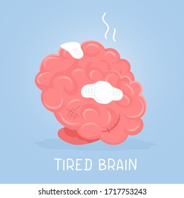 Vector creative idea illustration of pink smart human tired thinking brain with medical patch on blue background. Flat style education concept design of brain for web, site, banner, poster