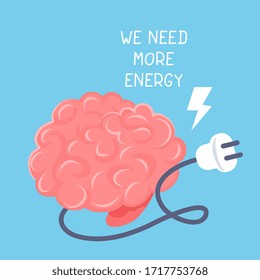 Vector creative idea illustration of pink smart human thinking brain with cord with electric plug on blue background. Flat style energy education concept design of brain for web, site, banner, poster