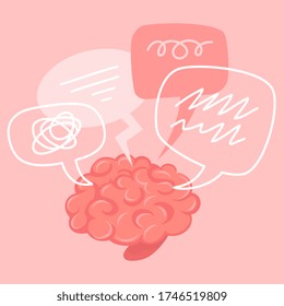 Vector creative idea illustration of pink smart human thinking brain with speech bubble on color background. Flat style education concept design of communication brain for web, site, banner, poster