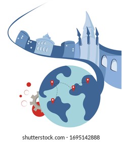Vector creative illustration. An abstract image of planet Earth and gears that create the workflow in the world.