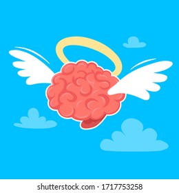 Vector creative illustration of angel pink smart human flying brain with wings and halo on blue sky background with cloud. Flat style religious education concept design of brain for web, site, banner