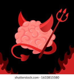 Vector creative illustration of angry character pink human brain with devil red horns and tail holding trident on black background with flame. Flat style concept design of brain thought for card