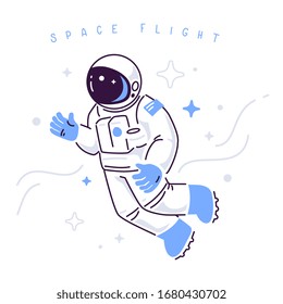 Vector creative illustration of astronaut making spacewalk. Cosmonaut in spacesuit exploring outer space on white background with star. Flat line art style concept banner design of human spaceflight