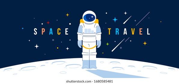 Vector creative illustration of astronaut in spacesuit making spacewalk on moon. Cosmonaut exploring outer space on dark background with header. Flat line art style concept design of human spaceflight