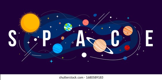 Vector creative illustration of astronomical bodies and sun on dark background with word space. Celestial objects in outer space. Planet of solar system in galaxy. Flat style cosmic education design