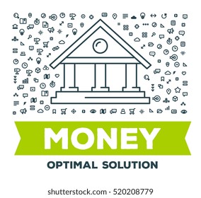 Vector creative illustration of big bank with set of line icons and word typography on white background.  Credit institution concept. Thin line art style design for financial operations