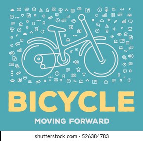 Vector creative illustration of big bicycle with set of line icons and word typography on blue background. Active healthy lifestyle concept. Thin line art style design for hobby and sport