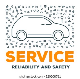 Vector creative illustration of big car with set of line icons and word typography on white background. Car service and maintenance concept. Thin line art style design for car repair, wash, parking