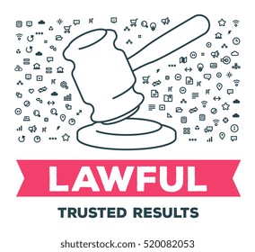 Vector creative illustration of big gavel with set of line icons and word typography on white background. Legal judicial system concept. Thin line art style design for business auction theme