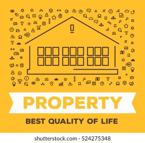 Vector creative illustration of big house with set of line icons and word typography on yellow background. Real property concept. Thin line art style design for real estate agency