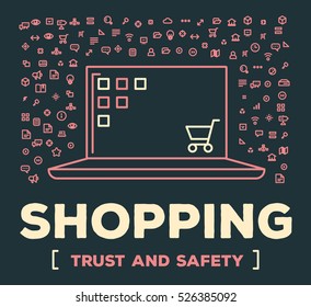 Vector creative illustration of big laptop with set of line icons and word typography on dark background. On line shopping concept. Thin line art style design for e-shop service and app