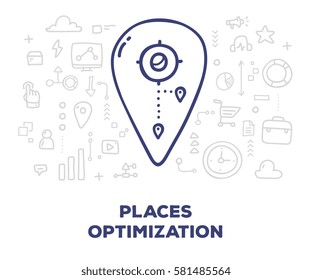 Vector creative illustration of big map pin with line icons and text on white background. Place optimization concept. Thin hand drawn line art doodle style design for web, site, banner, presentation