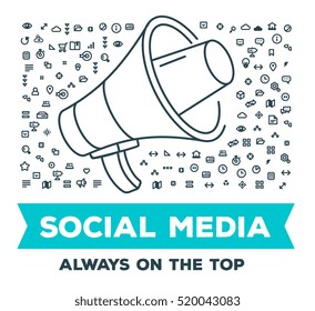 Vector creative illustration of big megaphone with set of line icons and word typography on white background. Social media concept. Thin line art style design for business solution theme