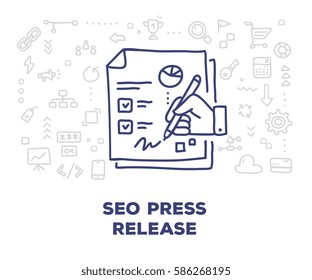 Vector creative illustration of big paper document with information, line icons on white background. Seo press release concept. Thin hand drawn line art doodle style design for banner, presentation