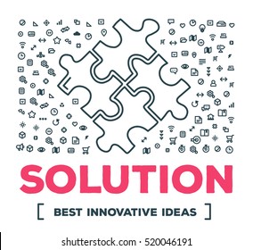 Vector creative illustration of big puzzle with set of line icons and word typography on white background. Creative solution concept. Thin line art style design for business solution theme