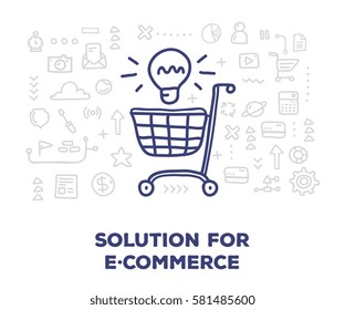 Vector creative illustration of big shopping trolley with light bulb and line icons on white background. Solution for e-commerce. Thin hand drawn line art doodle style design for banner, presentation