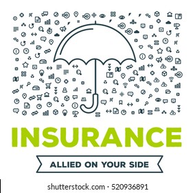 Vector creative illustration of big umbrella with set of line icons and word typography on white background. All types of insurance event concept. Thin line art style design for insurance