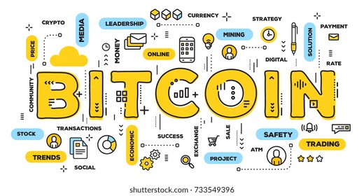 Vector creative illustration of bitcoin yellow word lettering typography with line icons and tag cloud on white background. Crypto currency concept. Thin line art style design for financial web banner