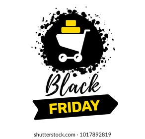 Vector creative illustration of black friday sale inscription typography with shopping trolley on white color background. Flat style black friday design template for web, site, sale, discount banner