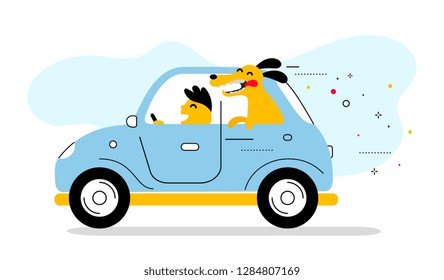 Vector creative illustration of blue color retro car with man driver and smile dog on white background. Flat style design for web, site, banner, card